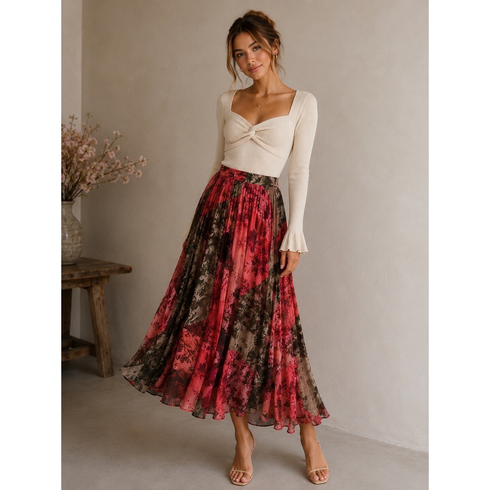 Rachel Parcell Anthropologie Patchwork Pleated Midi Skirt Cottagecore Boho Girly